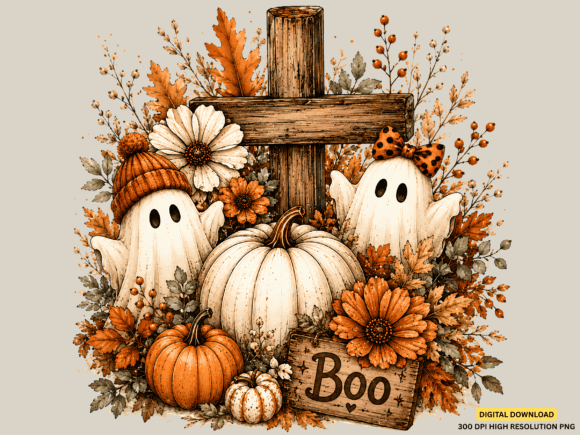 Christian Fall Ghost Pumpkin Cross PNG for T-Shirt Designs