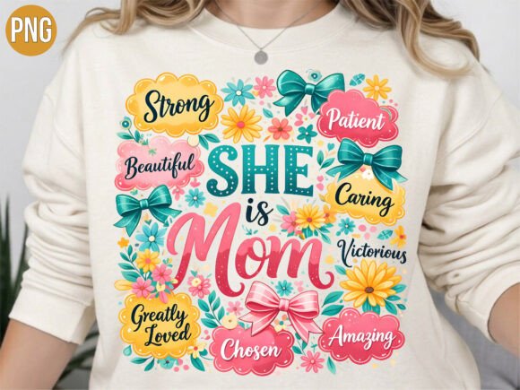 She is Mom Floral Christian Quotes PNG